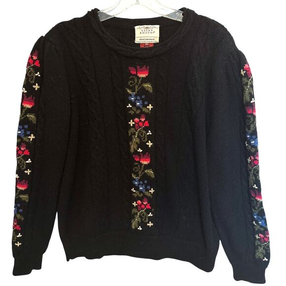 Susan Bristol Vintage Hand Embroidered Wool Sweater Womens Sz 40 (Medium) Black - Picture 1 of 7